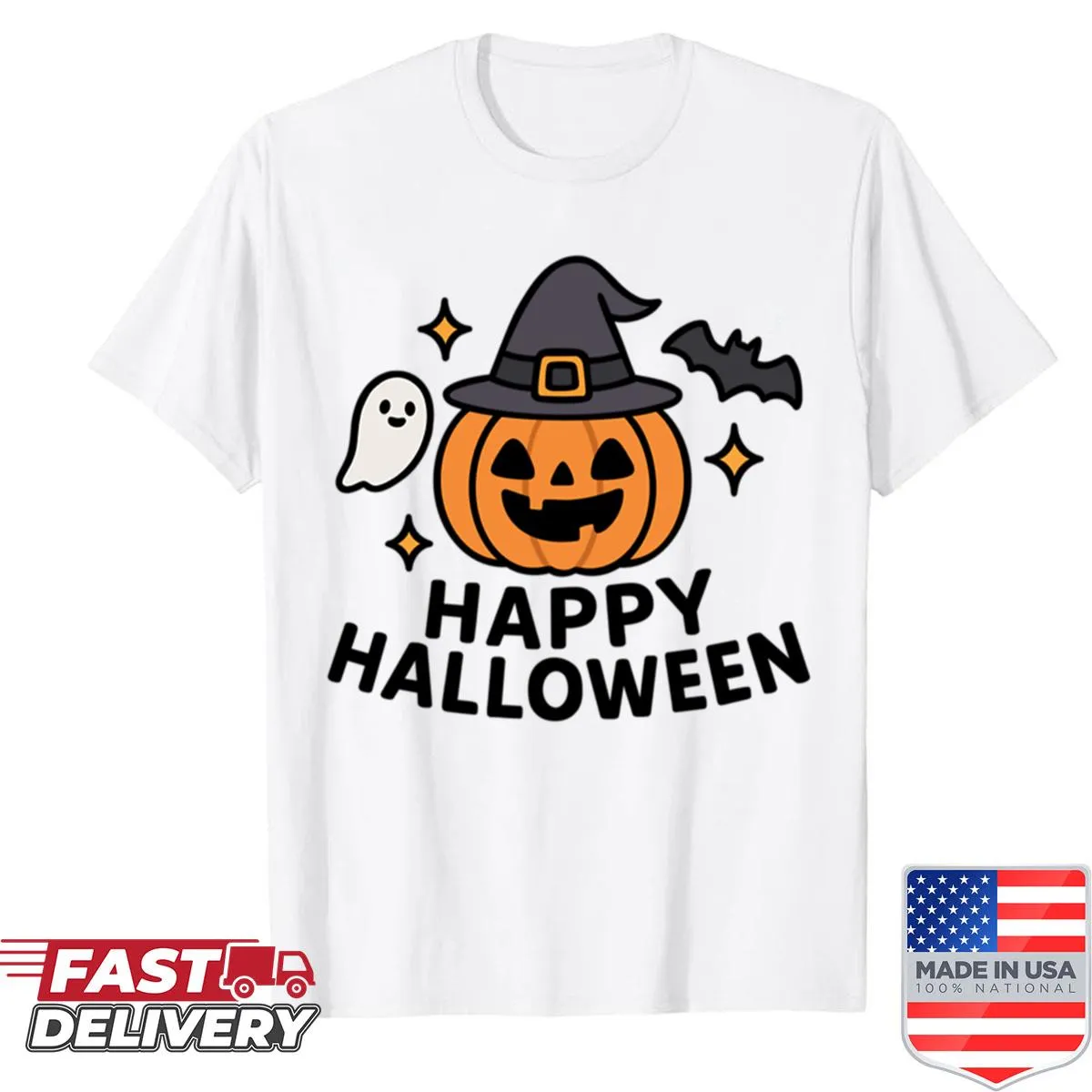 Adorable Halloween t-shirt with pumpkin, ghost, and bat design