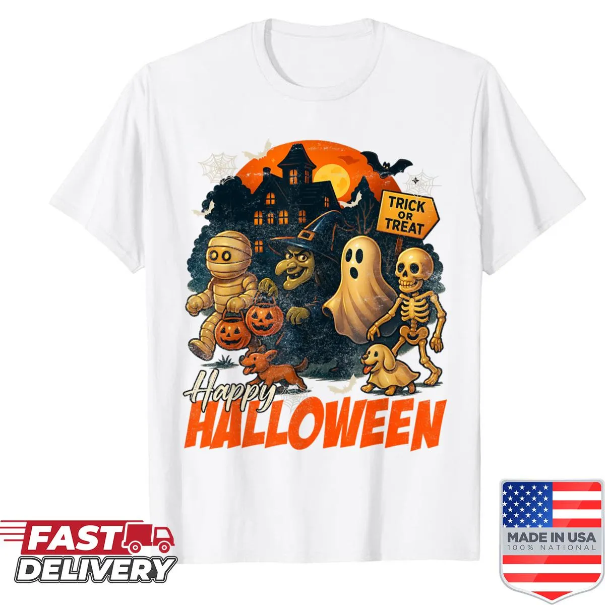 Illustrated haunted house with playful ghosts on a Halloween shirt