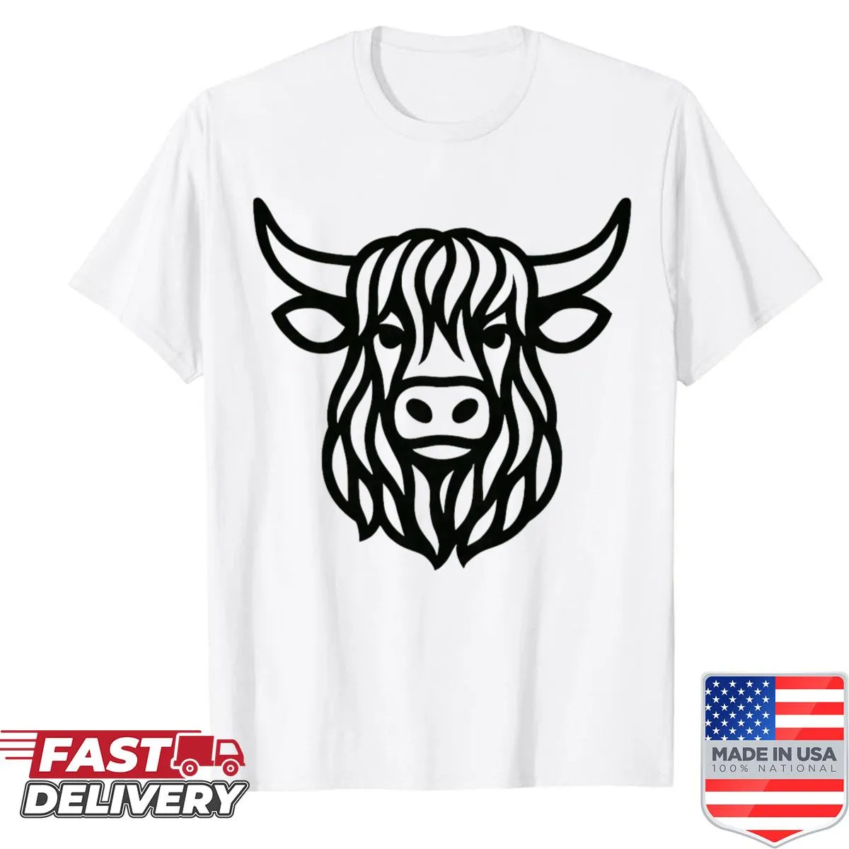 Illustration of a Highland cow on a ranch-themed T-shirt