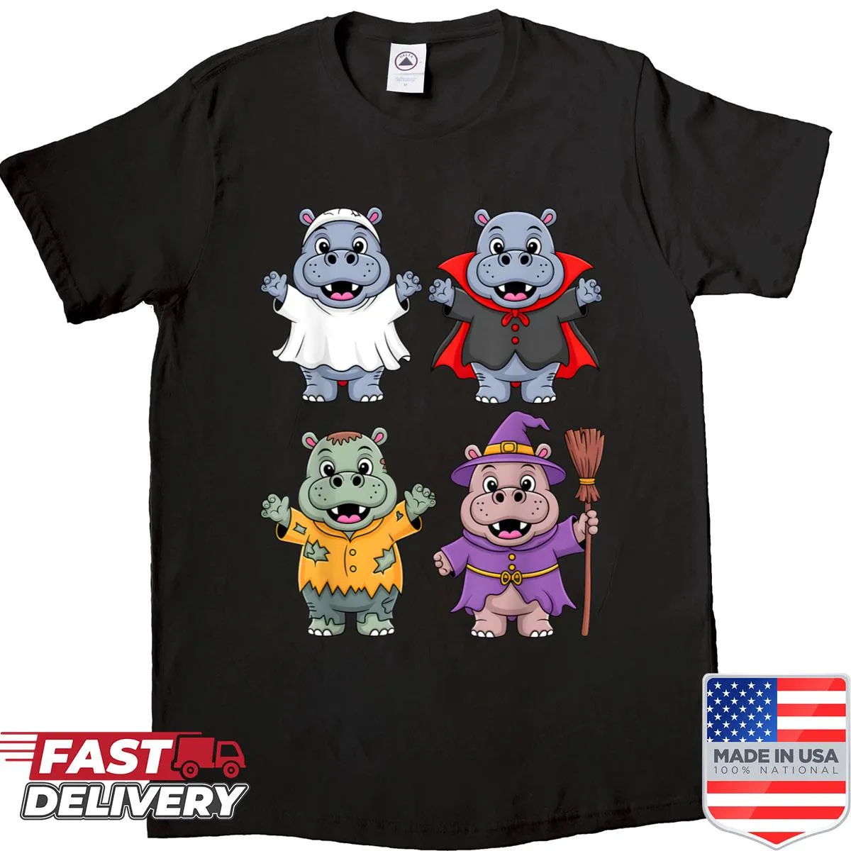 Multicolor Halloween shirt with a hippo ghost and other spooky characters