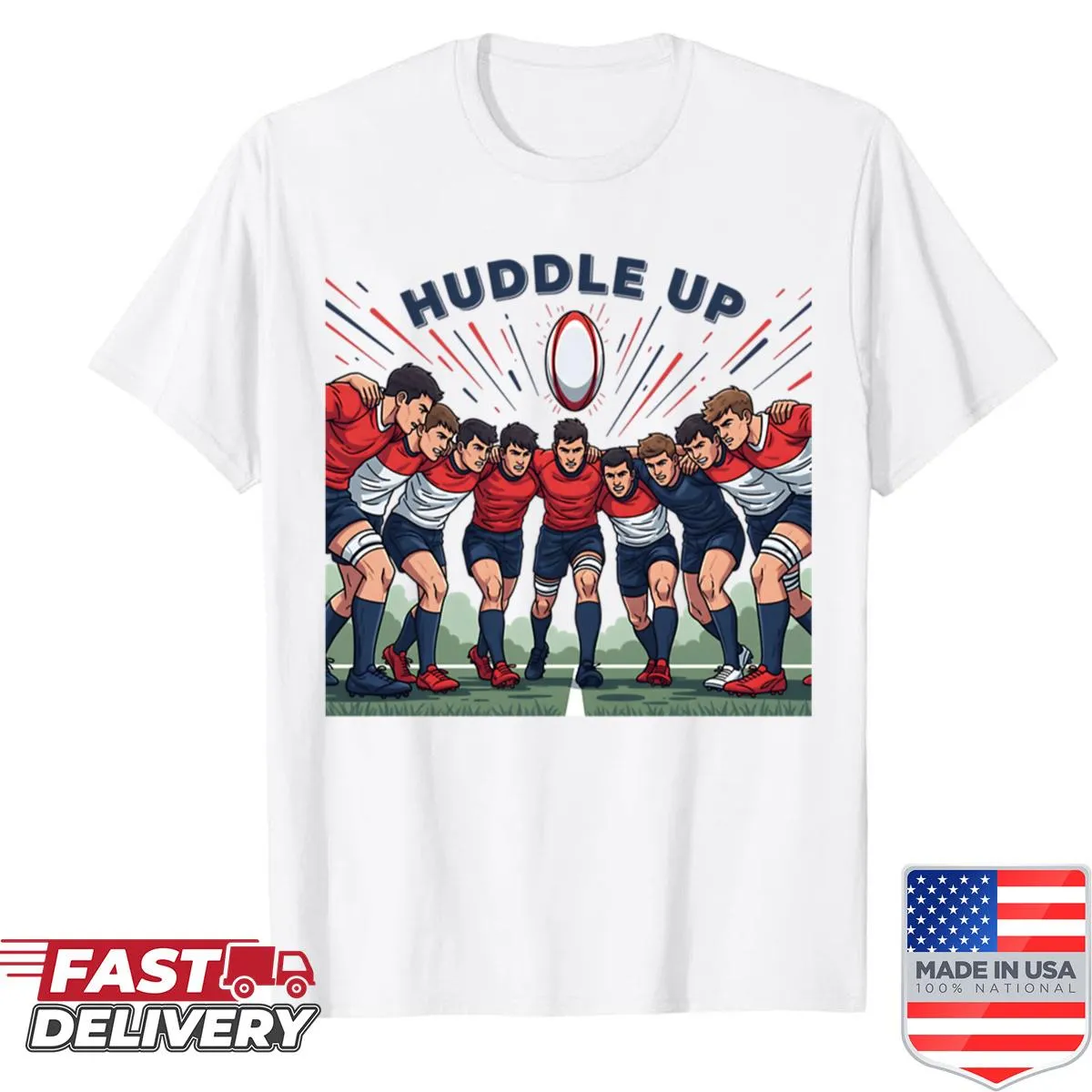 Motivational shirt with 'Huddle Up' text for team spirit