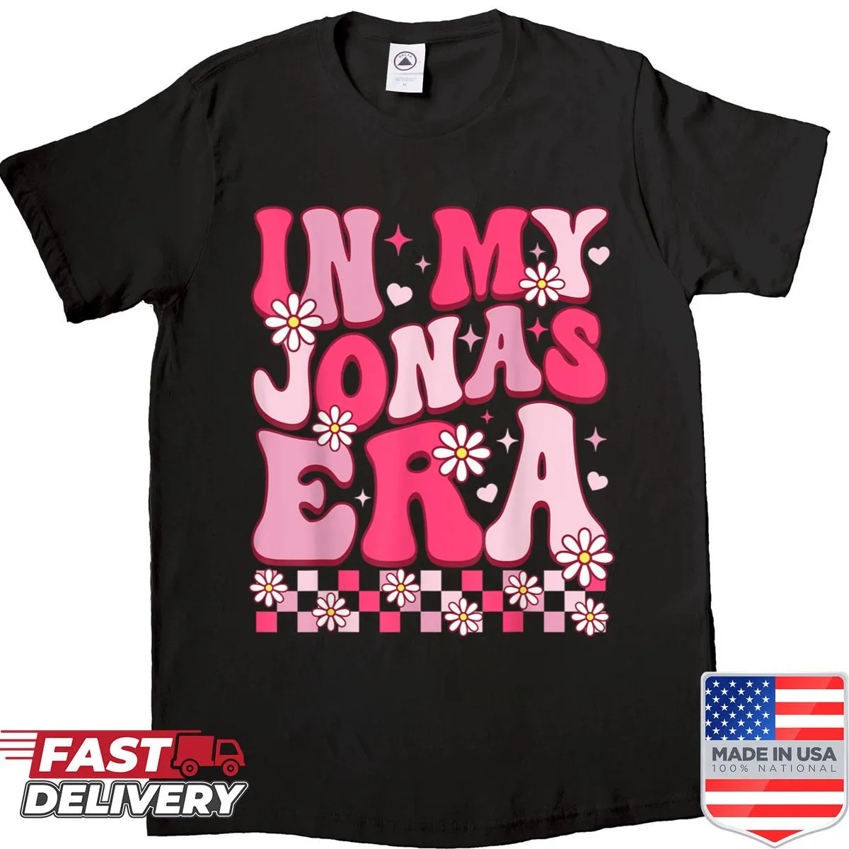 T-shirt featuring a heart graphic and whimsical 'Jonas Era' typography