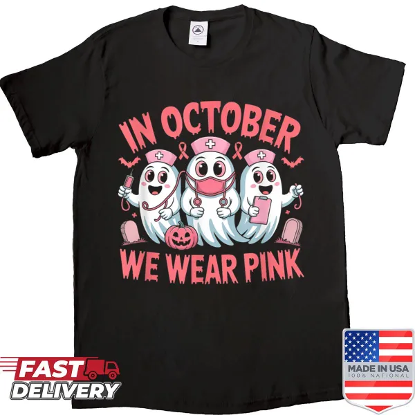 Halloween shirt for nurses with pink ghosts supporting breast cancer awareness
