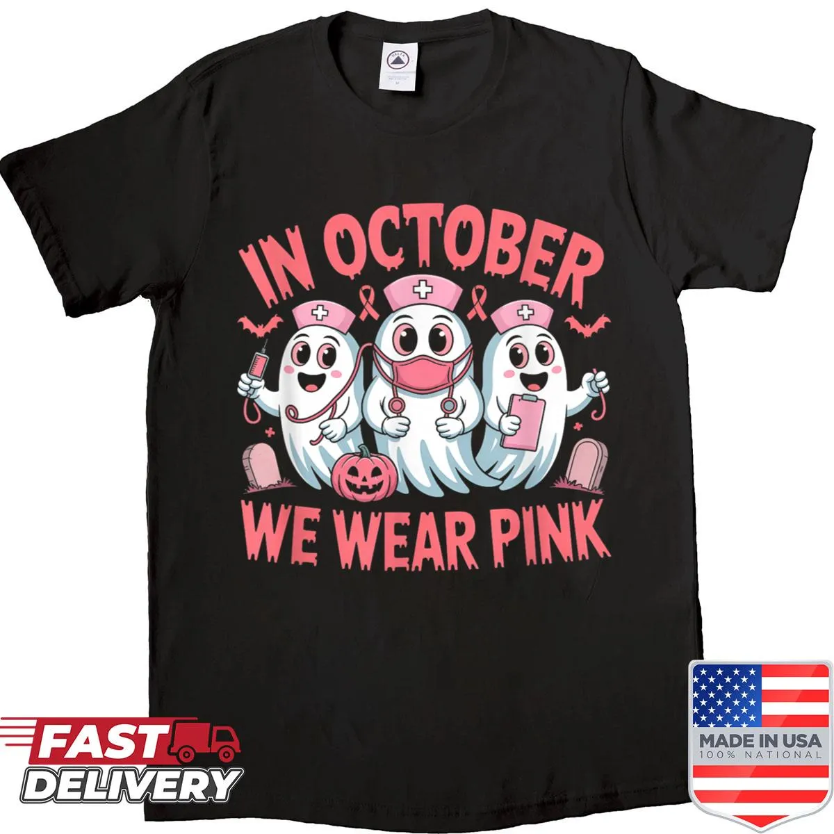 Halloween shirt for nurses with pink ghosts supporting breast cancer awareness