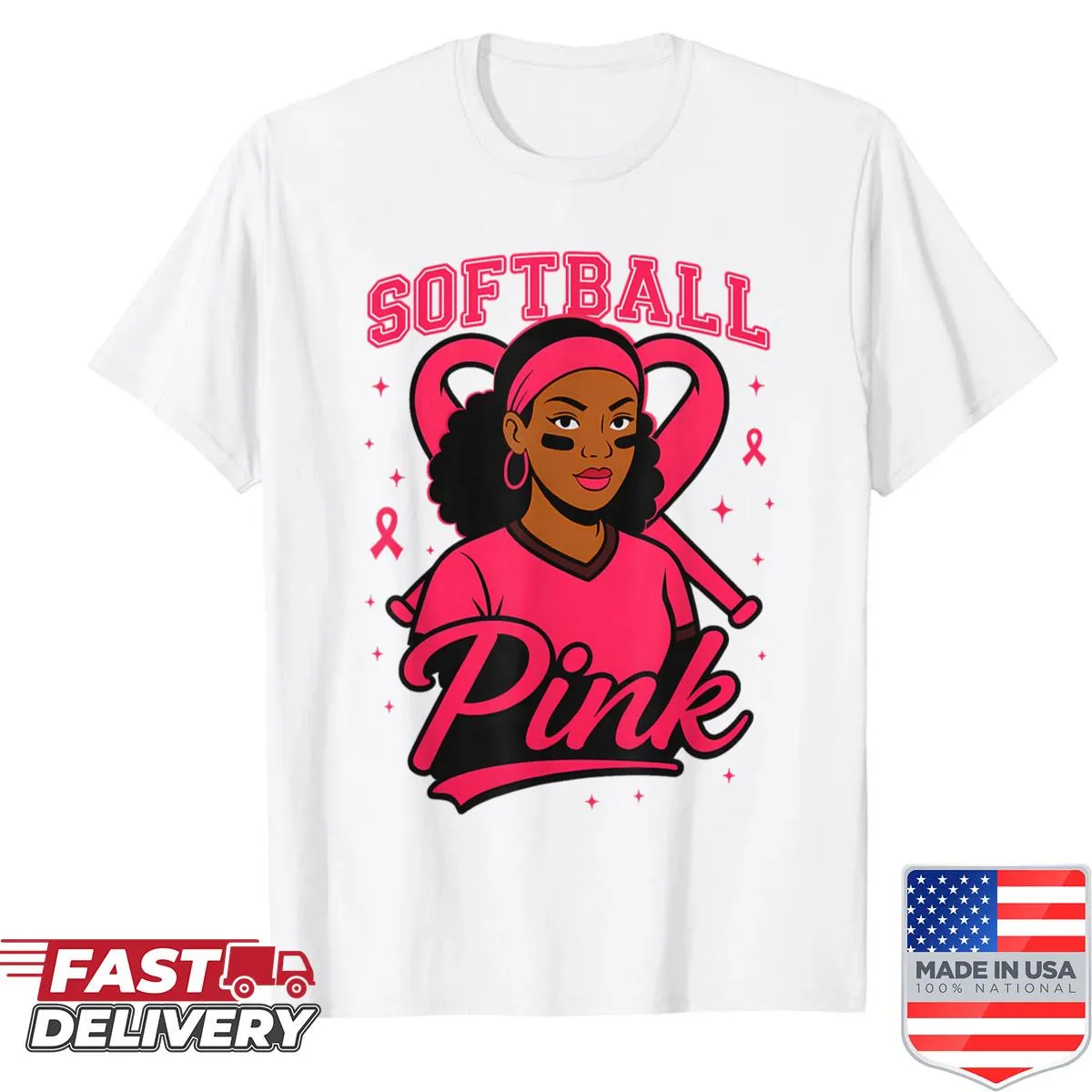 Black shirt with pink graphic supporting breast cancer awareness.