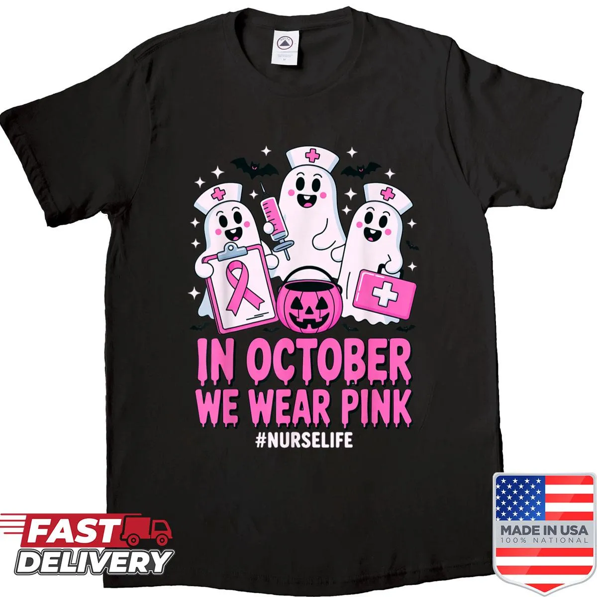 Halloween T-shirt with a pink ghost promoting breast cancer awareness
