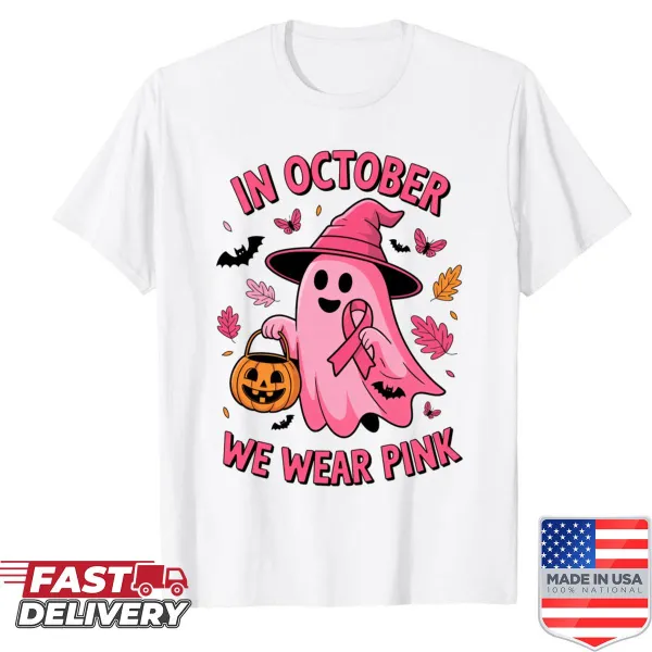 Halloween shirt with pink ribbon and ghost design for breast cancer awareness