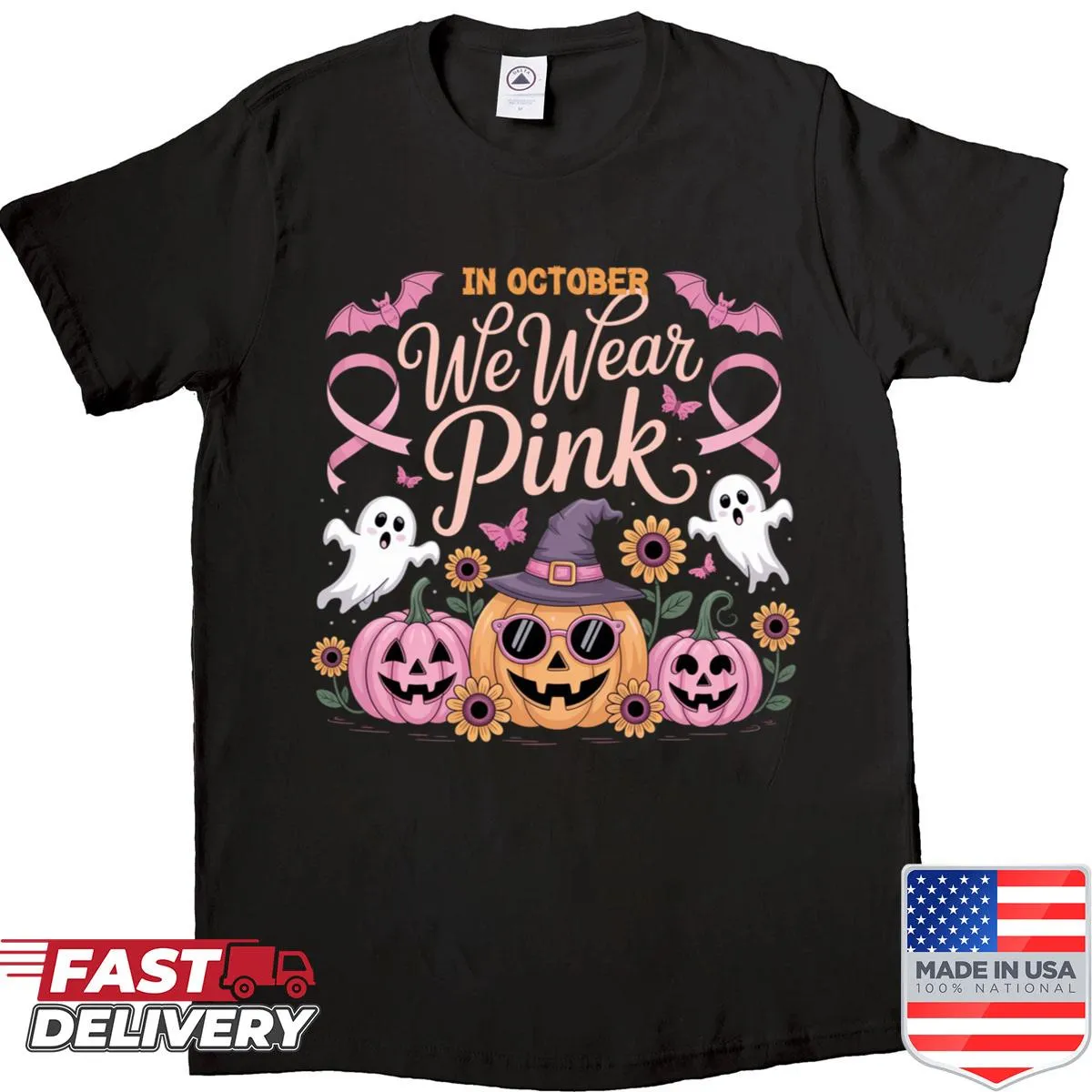 T-shirt featuring pink ribbon pumpkins and ghosts for Halloween and breast cancer awareness