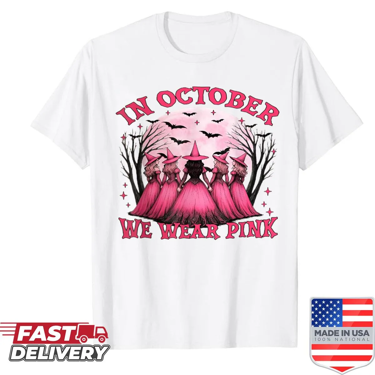 Whimsical pink witch graphic for breast cancer awareness