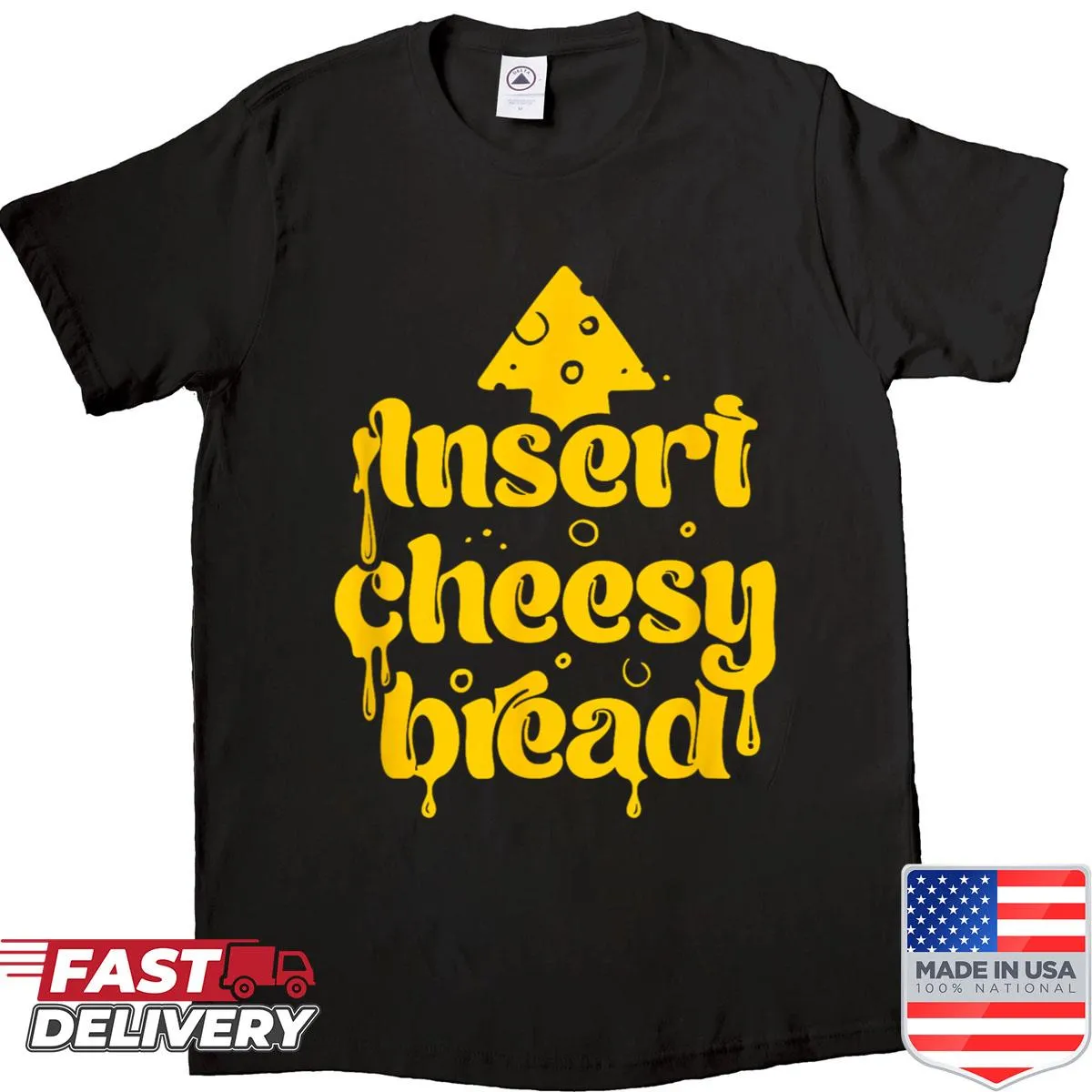 Shirt with cheesy bread graphic and pointing arrow illustration