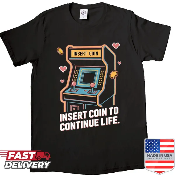 Retro arcade-themed shirt with 'insert coin' graphic