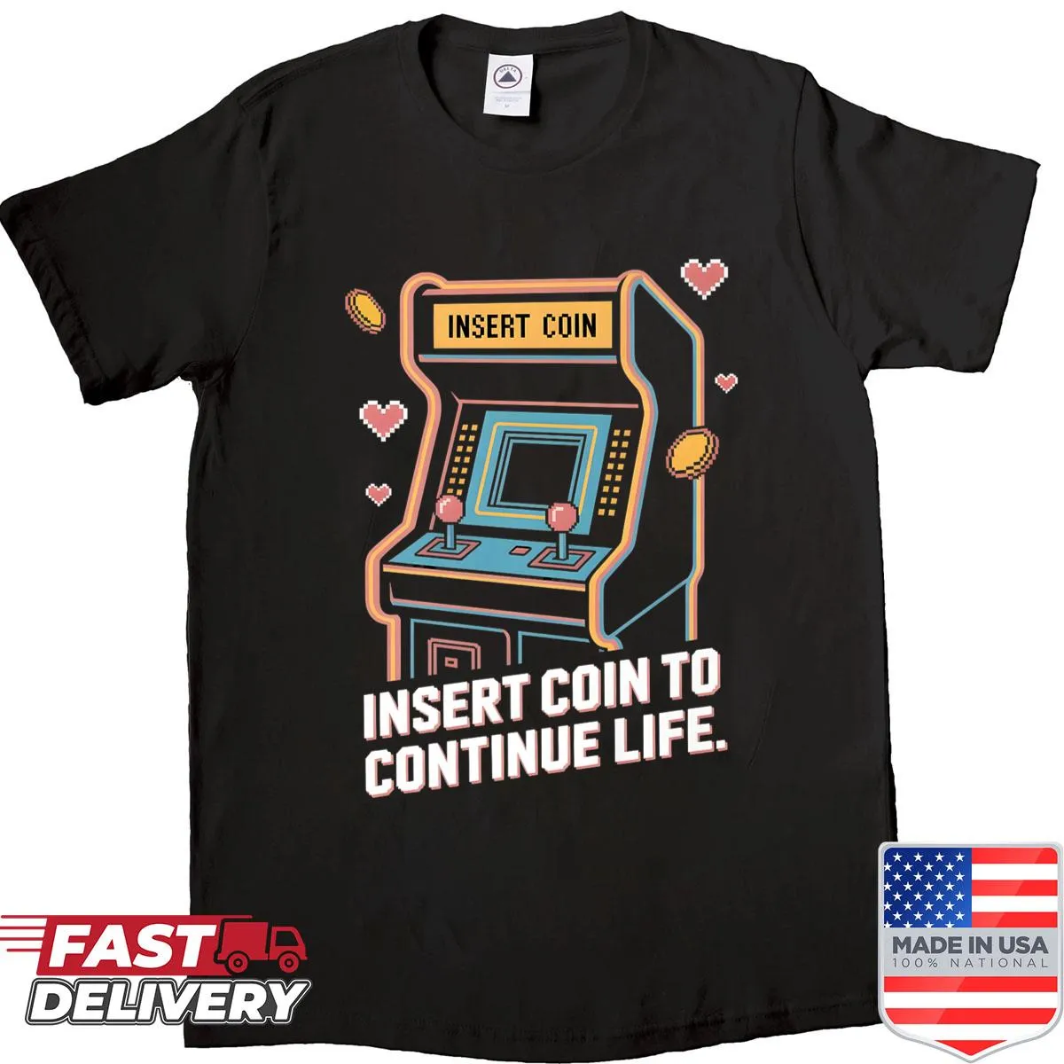 Retro arcade-themed shirt with 'insert coin' graphic