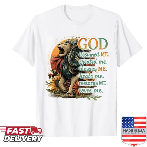 Inspirational t-shirt with lion and sunflower artwork