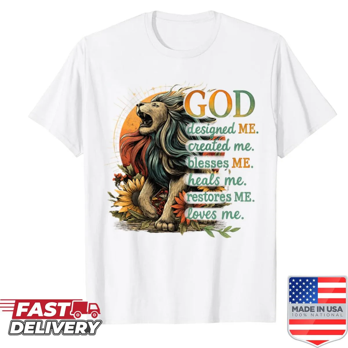Inspirational t-shirt with lion and sunflower artwork