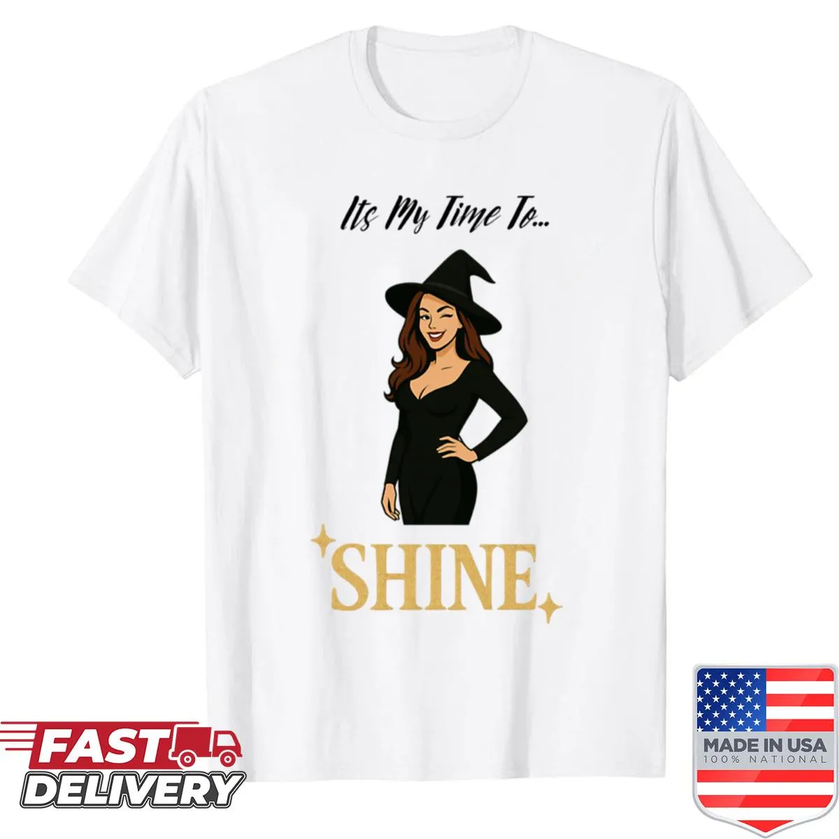Whimsical witch design on a Halloween-themed shirt