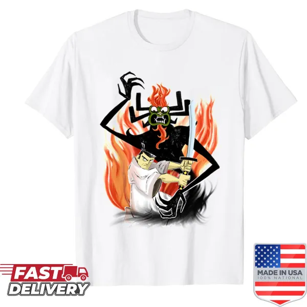 Cartoon graphic of Jack and Aku on a T-shirt