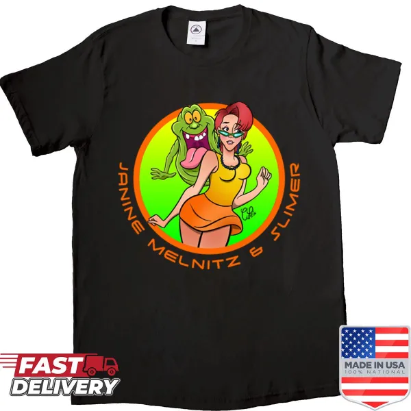 T-shirt featuring Janine Melnitz and Slimer in cartoon style