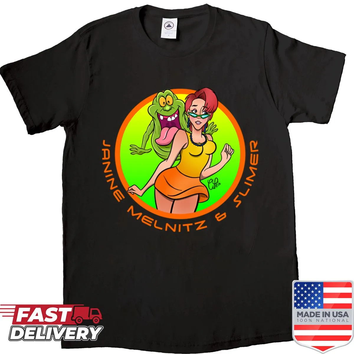 T-shirt featuring Janine Melnitz and Slimer in cartoon style