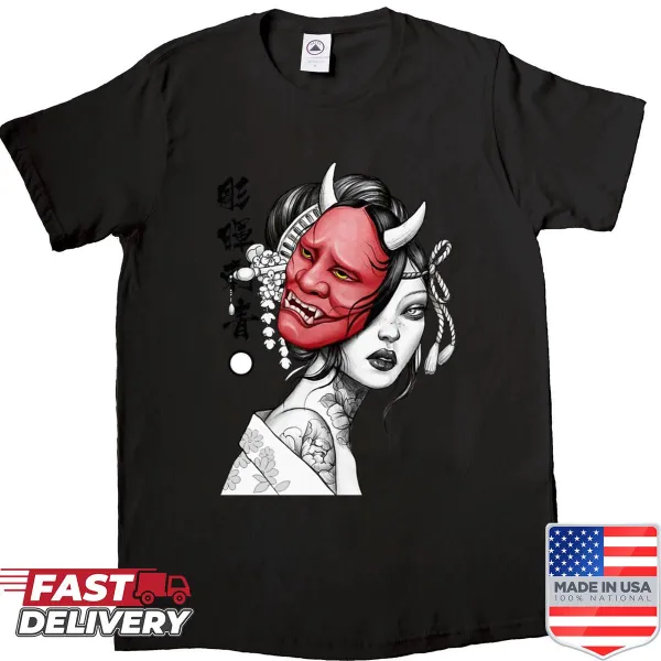 Shirt featuring Japanese Geisha and Oni Demon Mask design
