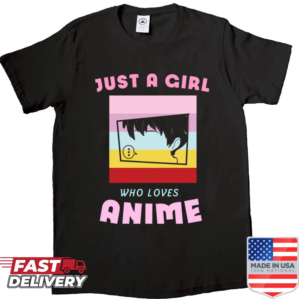 Whimsical T-shirt featuring the phrase Just A Girl Who Loves Anime.