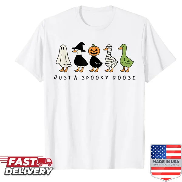 Funny Halloween t-shirt featuring a silly goose graphic.
