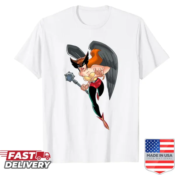 Hawkgirl illustration from Justice League Unlimited on t-shirt.