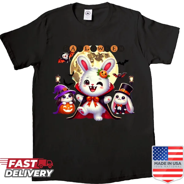 Cute Halloween shirt with a vampire bunny and pumpkins in kawaii style.