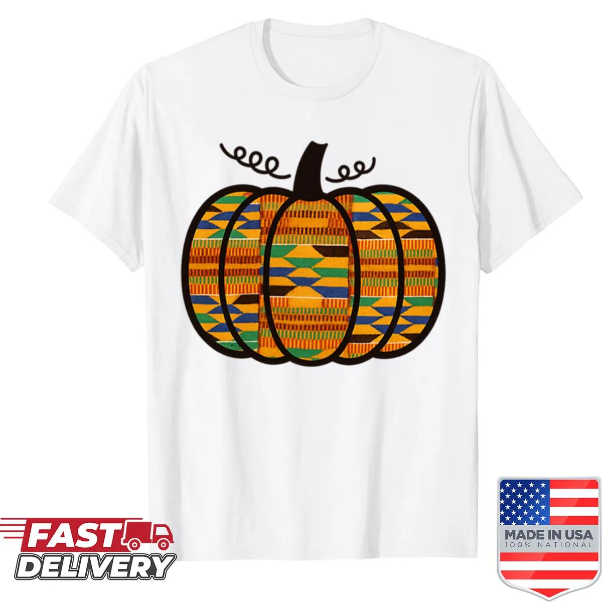 Kente-patterned pumpkin design celebrating fall and cultural heritage.