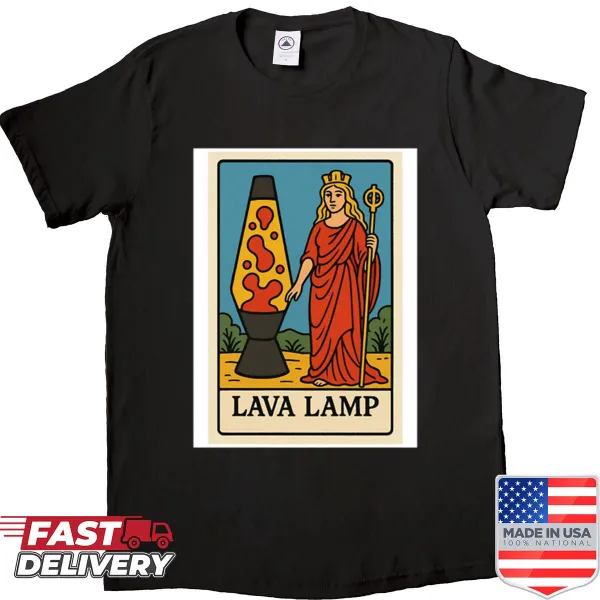 Funny birthday shirt with lava lamp, tarot cards, pizza, and hamburger