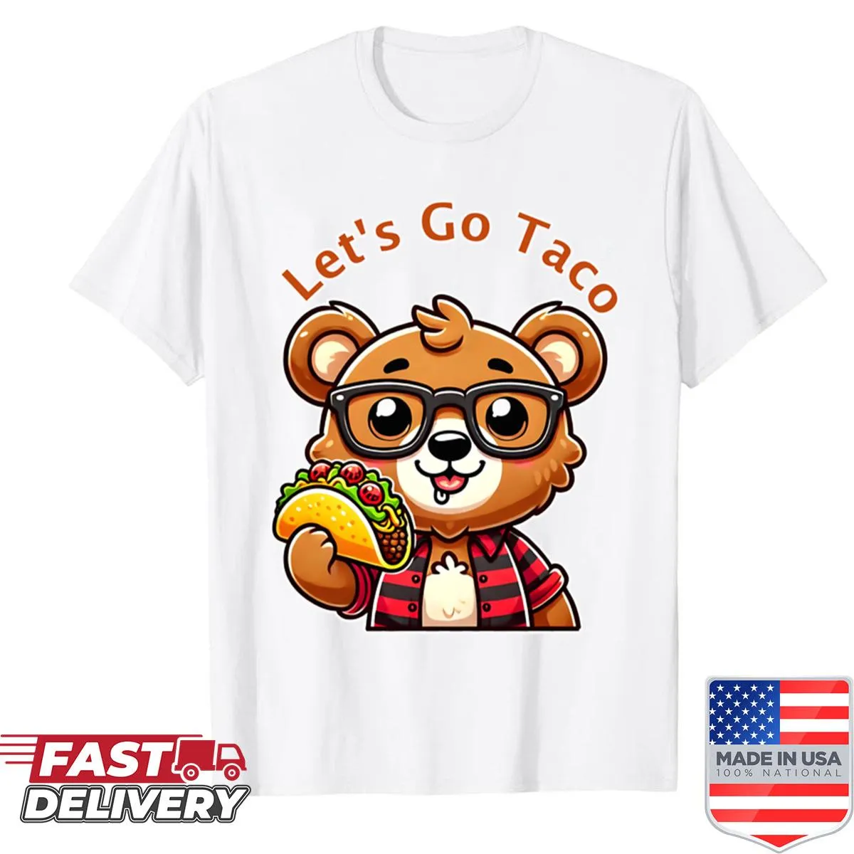 Playful taco illustration on Lets Go Taco shirt.