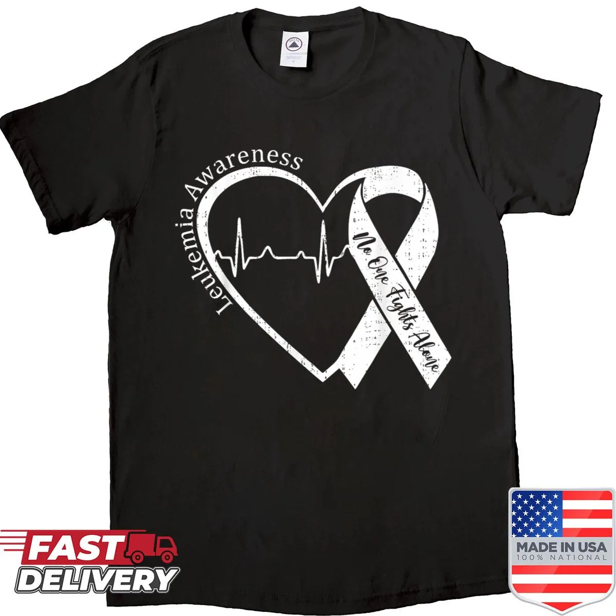 T-shirt with an orange heart graphic for leukemia awareness