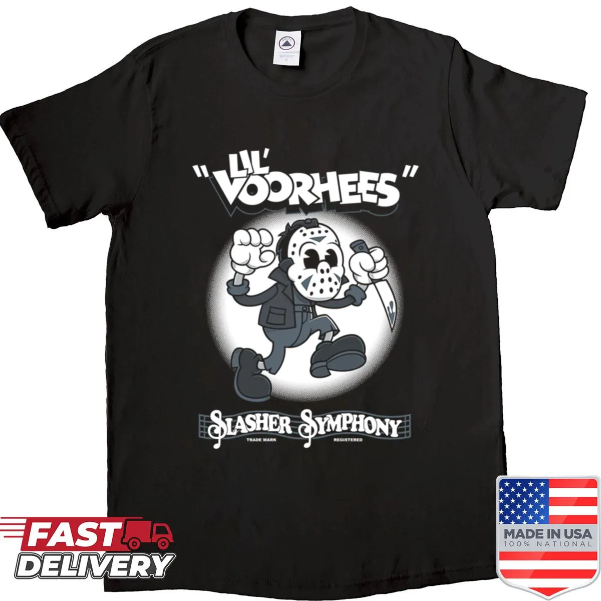 Vintage cartoon slasher graphic with a cute twist