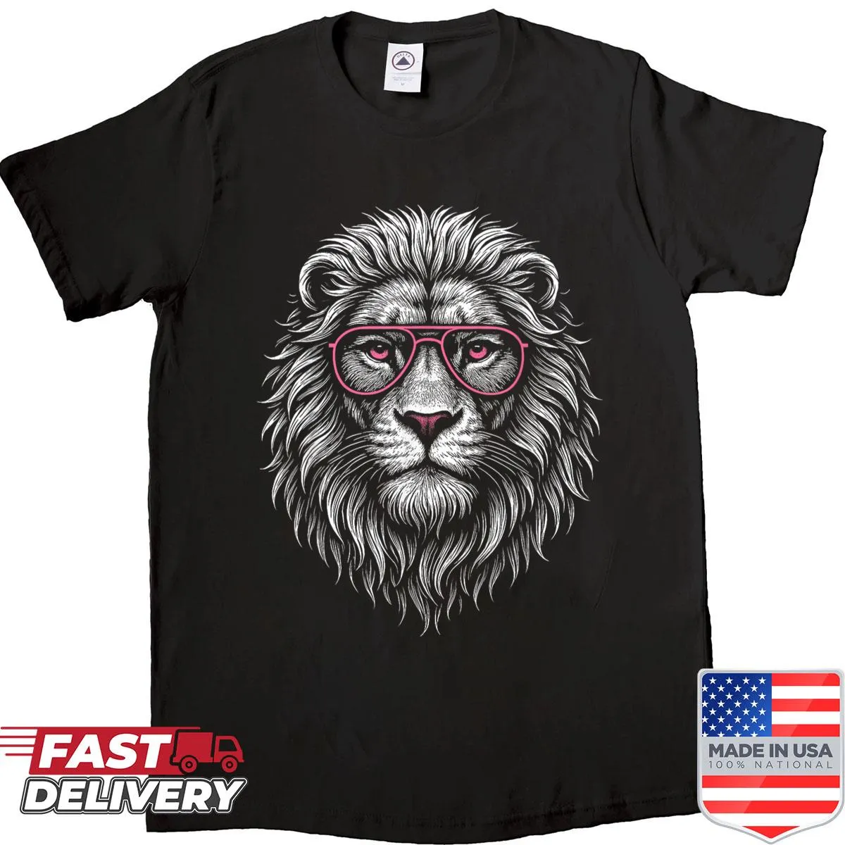 Lion face with pink sunglasses printed on women's shirt