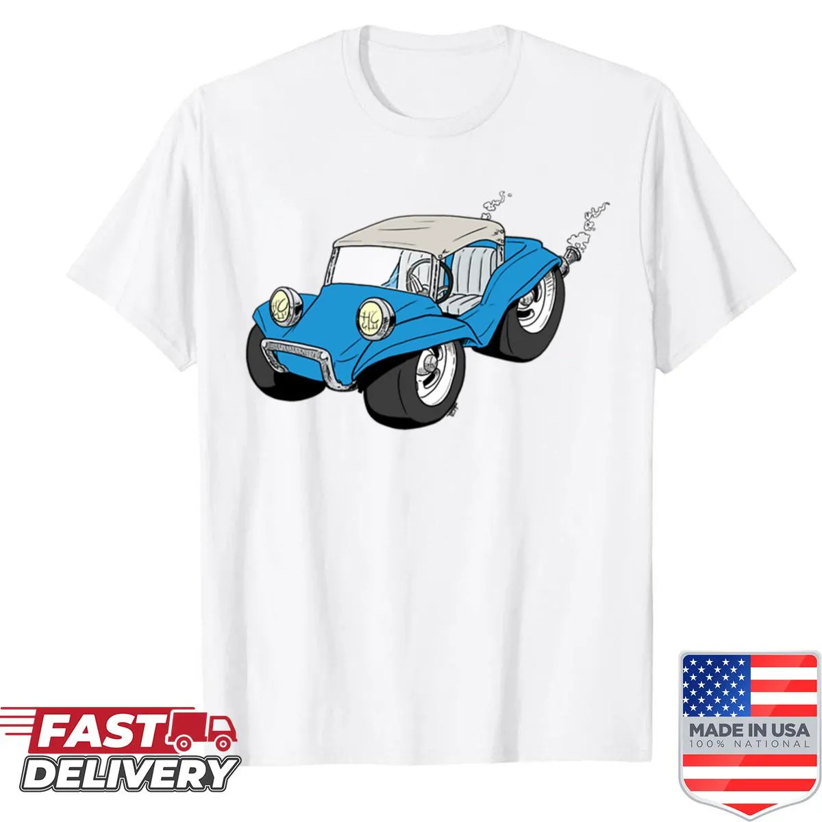 Illustration of a little blue dune buggy on shirt.