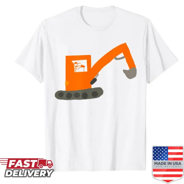 Cute T-shirt with a drawing of an excavator by a little boy