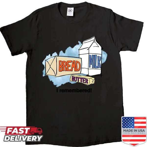 T-shirt with cartoon graphics of bread, milk, and butter