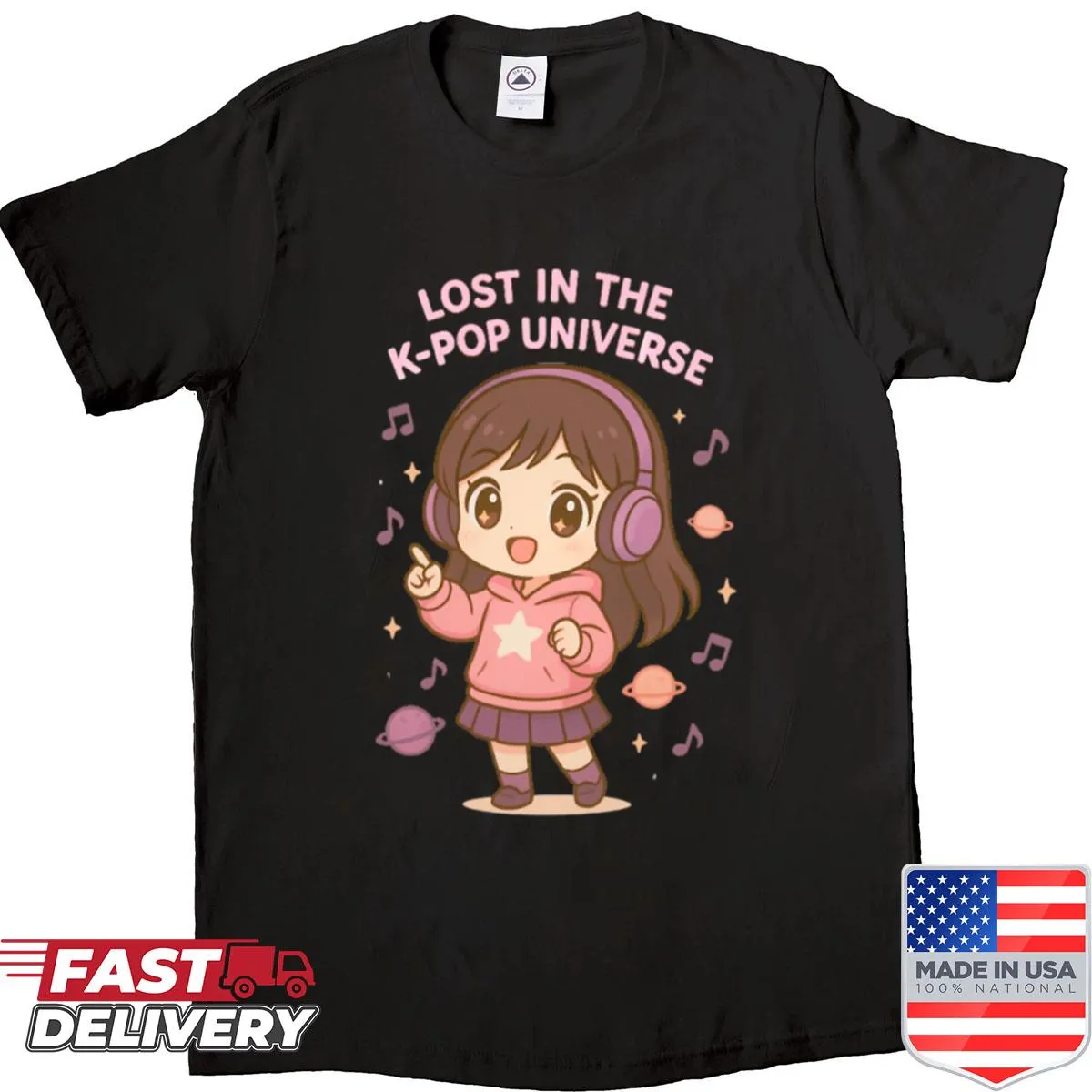 K-pop themed t-shirt with an engaging universe illustration