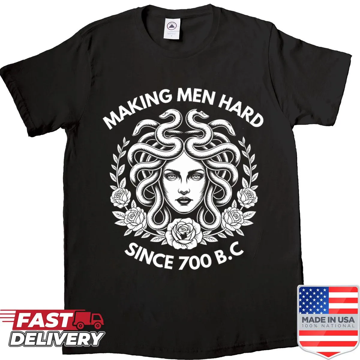 Medusa graphic on a vintage-style shirt celebrating Greek mythology