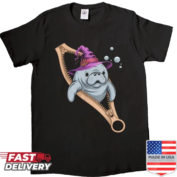 Halloween shirt with a manatee in a witch hat emerging from a zipper