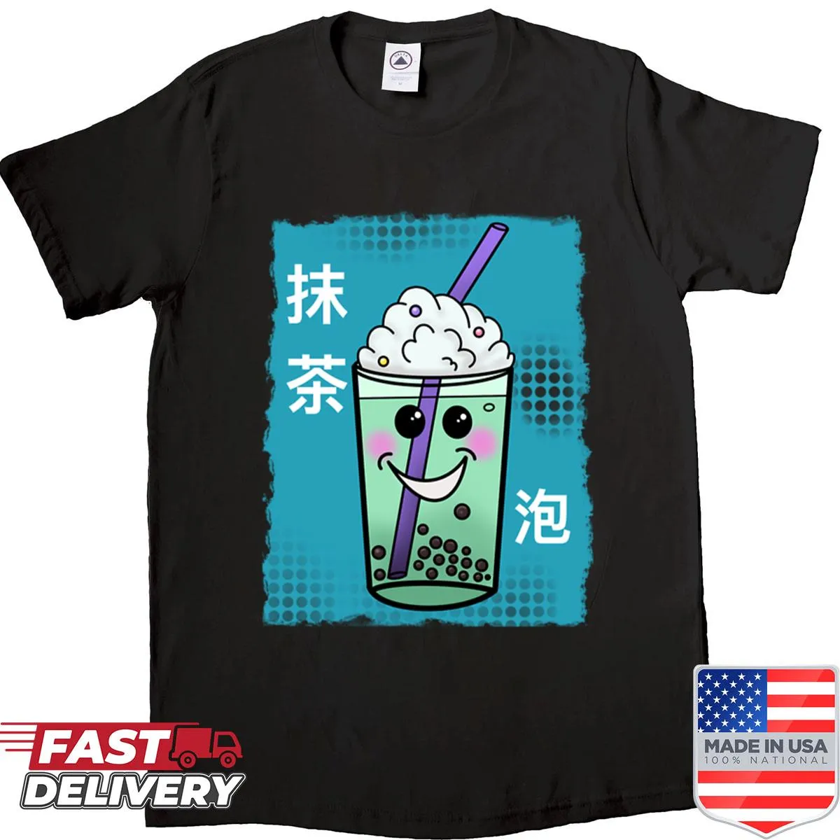 Shirt featuring an illustration of matcha bubble tea