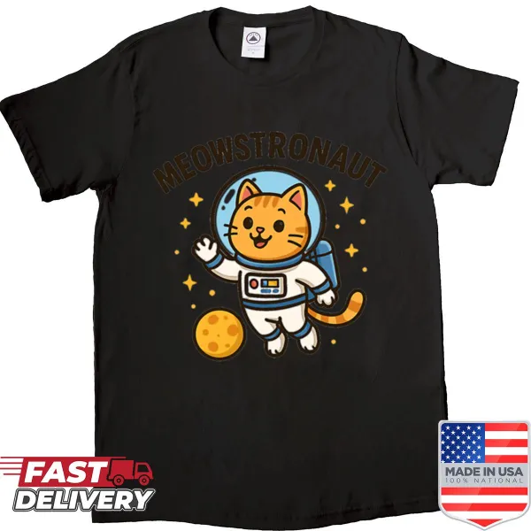 Funny t-shirt with a cartoon cat astronaut in space