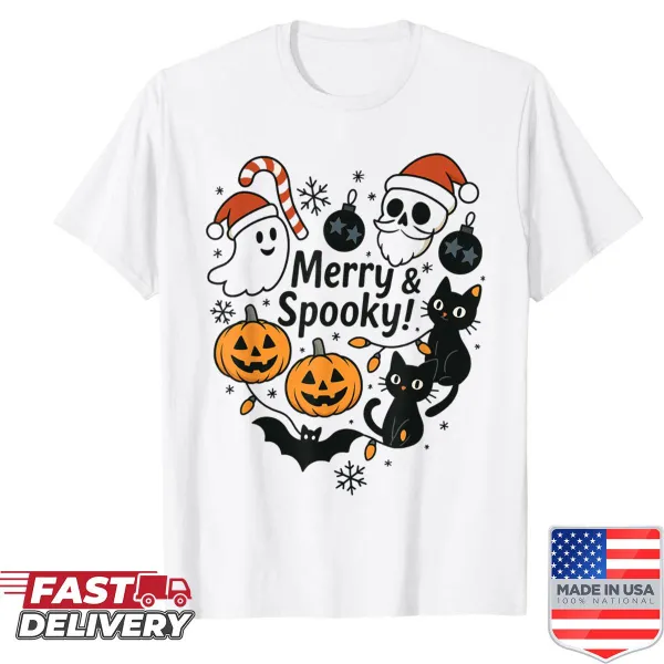 Cute holiday shirt with cats, pumpkins, and skull designs.