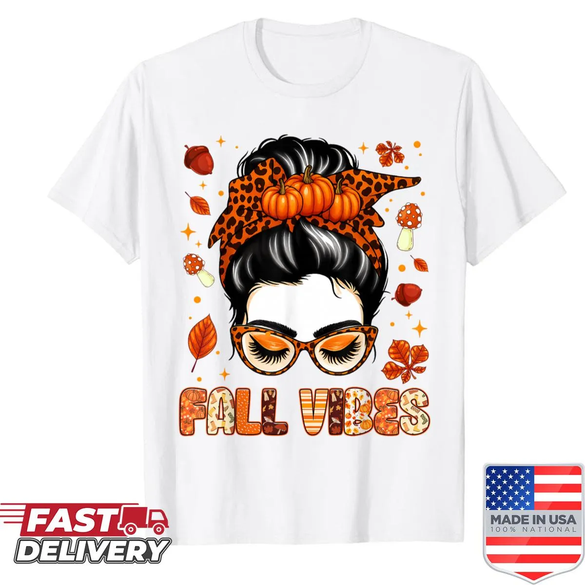 Whimsical fall-themed shirt with messy bun, pumpkins, and maple leaves.
