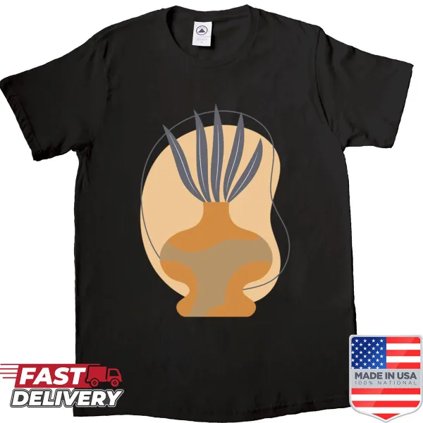 Minimalist line-art vase and fan-shaped plant graphic on a shirt