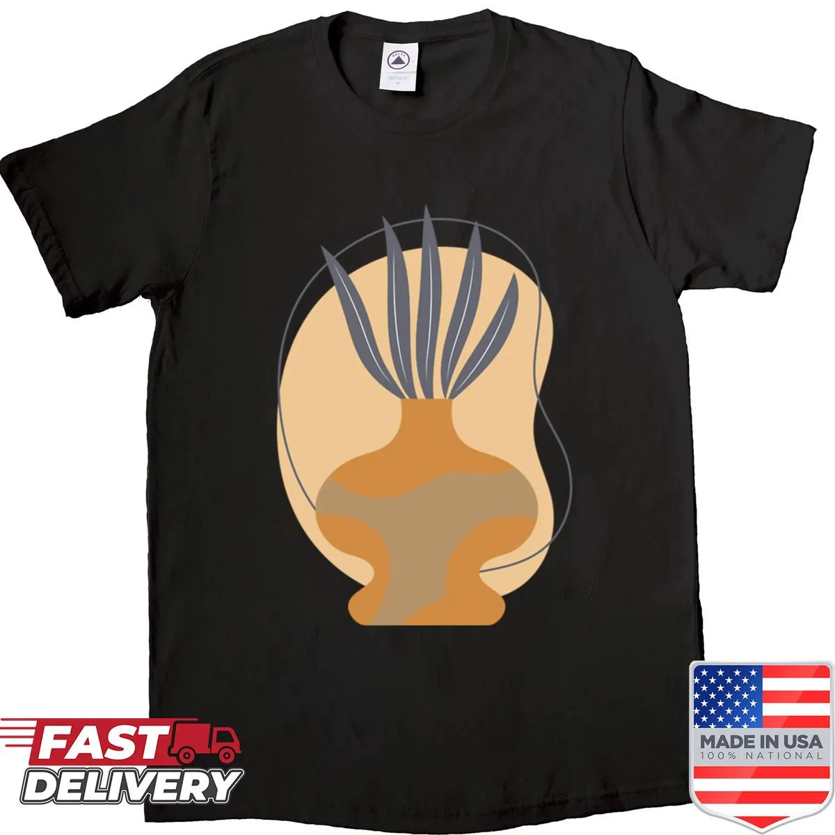 Minimalist line-art vase and fan-shaped plant graphic on a shirt