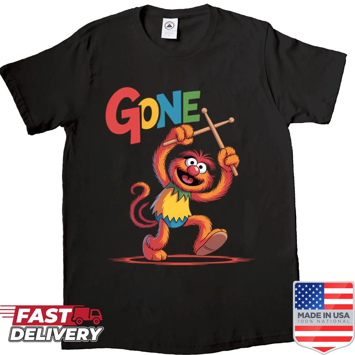 Cartoon-style shirt featuring Muppets Animal drummer.