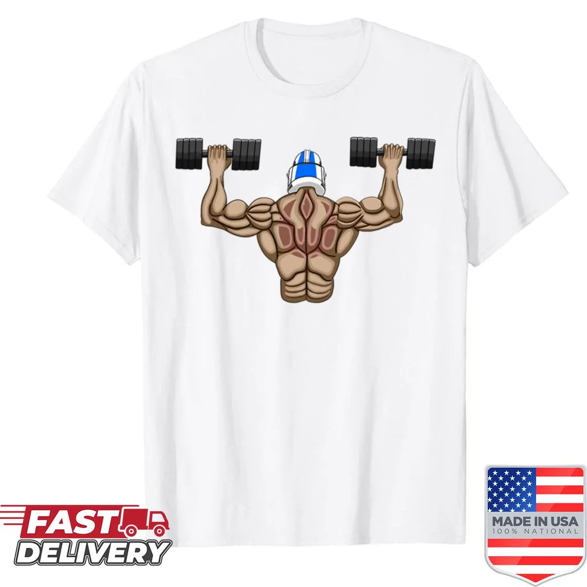 Fitness warrior shirt featuring a muscular clone lifting weights