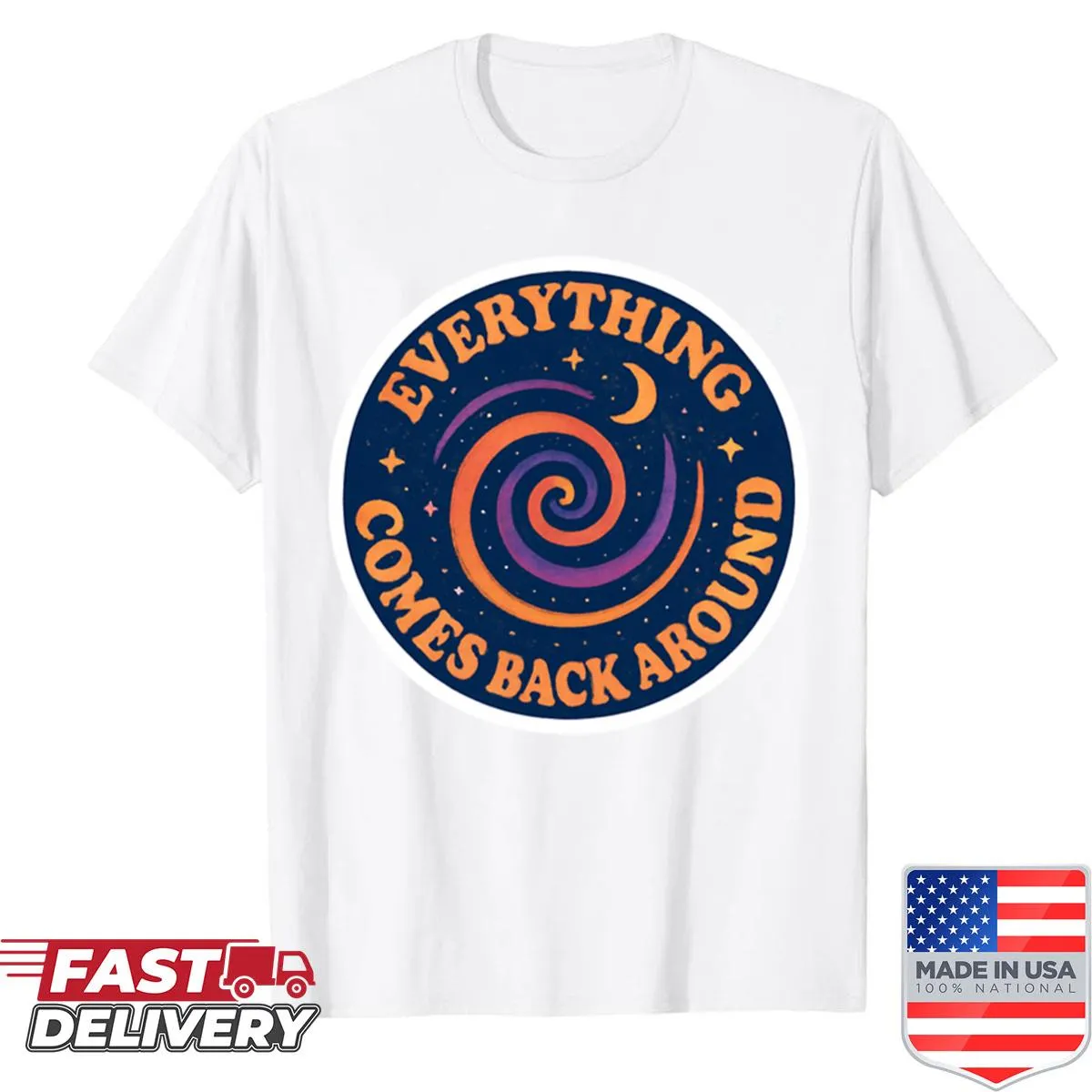 T-shirt featuring a mystical spiral galaxy design with cosmic elements