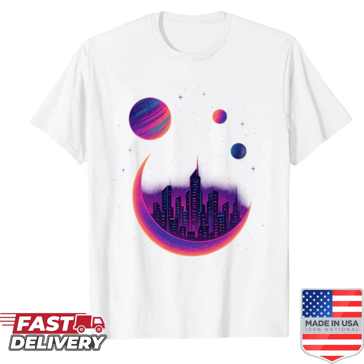 Futuristic neon city skyline graphic on a shirt