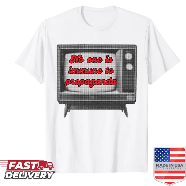 Shirt with a bold graphic commenting on the influence of propaganda.